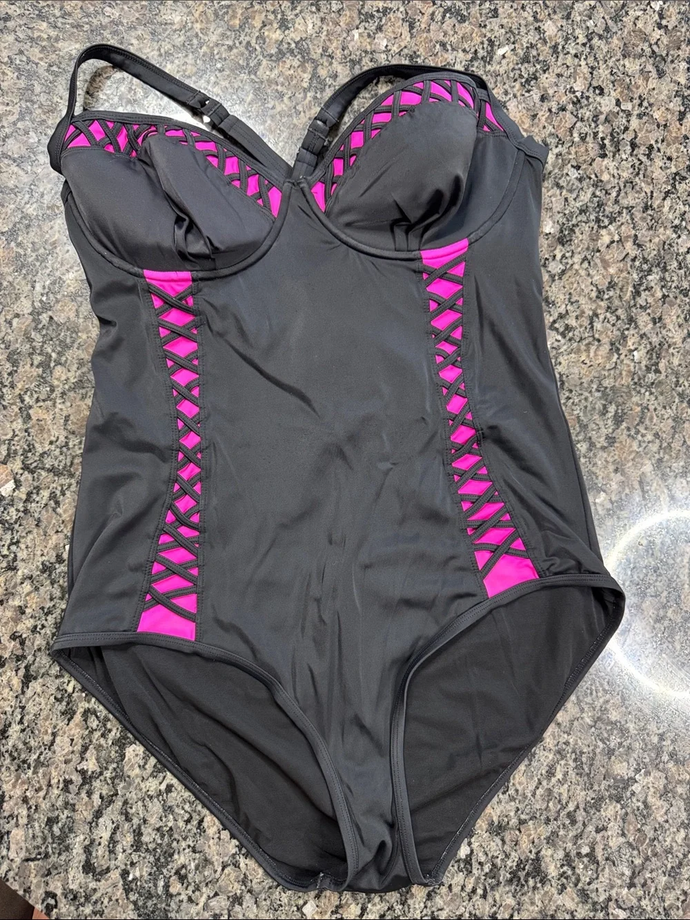 torrid Black One-Piece Swimsuit with Pink Lattice Accents EUC 2X